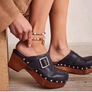 We The Free Black Leather Mules with Wooden Heel Size 8 1/2 - 9